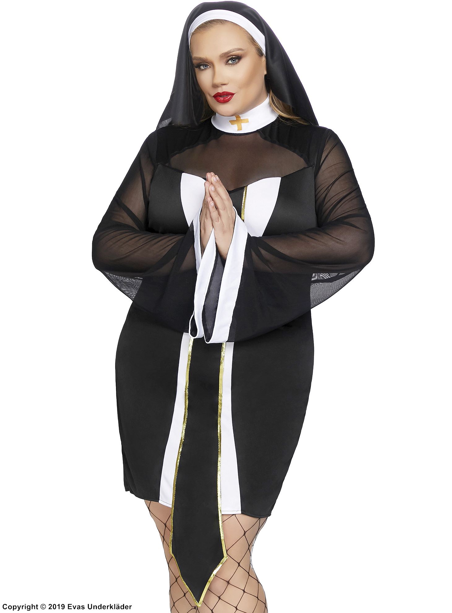 Nonne, kostyme-kjole, gjennomsiktige innlegg, rullekrage, utsvängde ermer, XL til 4XL